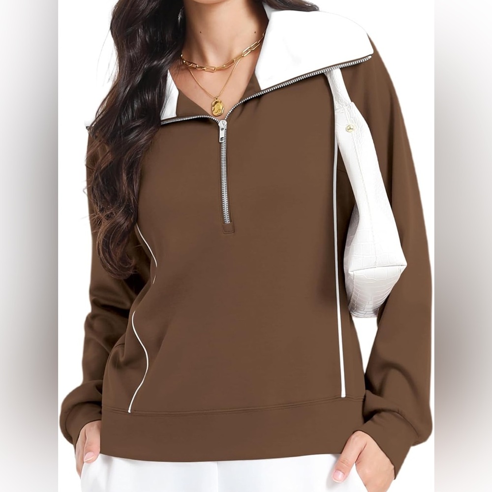 NWT Casly Lamiit Women’s Half Zip Pullover Sweatshirt Coffee Brown & Cream 2XL